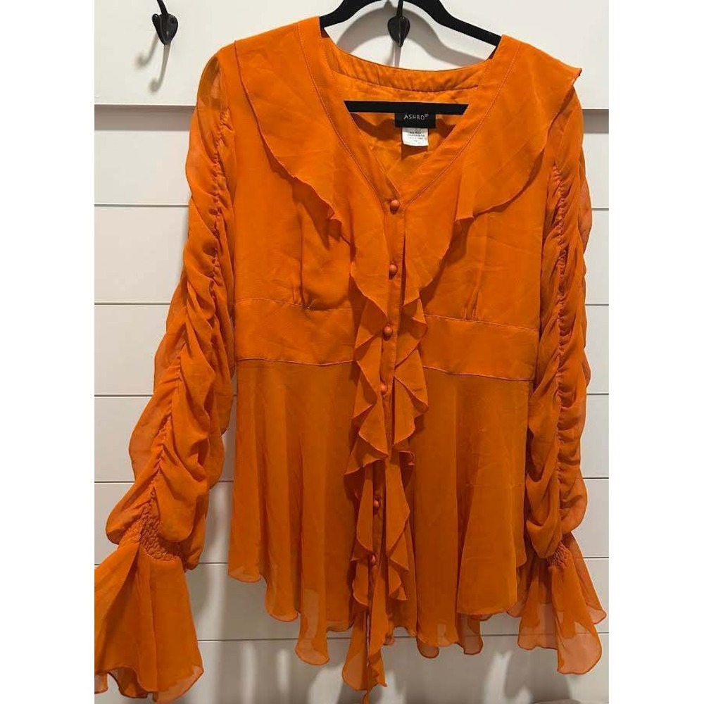 Ashro Orange Ruffle V-Neck Ruched Sleeve Chiffon Blouse Sz 16 Boho Sheer Whimsy